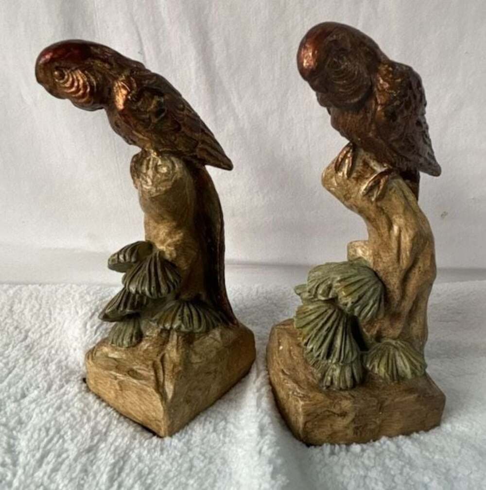 Vintage Handpainted Ceramic Parrot Bookends with Iridescent Copper Finish
